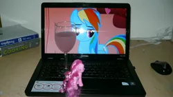 Size: 3072x1728 | Tagged: safe, derpibooru import, pinkie pie, rainbow dash, earth pony, pegasus, pony, brushable, compaq, computer, computer mouse, female, forever alone, irl, laptop computer, lesbian, mare, meme, photo, pinkiedash, shipping, toy