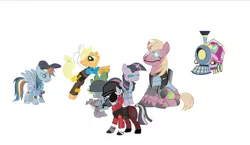 Size: 808x469 | Tagged: safe, artist:avastindy, derpibooru import, applejack, big macintosh, rainbow dash, spike, twilight sparkle, zecora, earth pony, pony, robot, zebra, democora, demoman, engiejack, engineer, friendship express, fuck shit sound.video, heavy, heavy mac, male, parody, rainbow scout, scout, sniper, stallion, subnormal halfspy and his clique of handsome rogues, team fortress 2, train