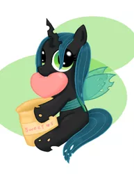 Size: 612x792 | Tagged: artist:poppun, bag, cute, cutealis, derpibooru import, filly, heart, queen chrysalis, safe, sitting, solo, younger