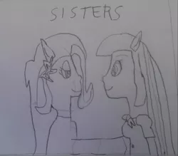 Size: 954x837 | Tagged: safe, artist:shafty817, derpibooru import, trixie, twilight sparkle, equestria girls, happy, monochrome, ponied up, pony ears, sisters, traditional art