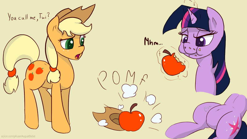 Size: 2130x1202 | Tagged: apple, applejack, applejack becoming an apple, artist:augustbebel, derpibooru import, dialogue, fetish, food, food transformation, implied death, inanimate tf, pomf, preyjack, semi-grimdark, simple background, stomach noise, transformation, twilight sparkle, twipred, vore, why