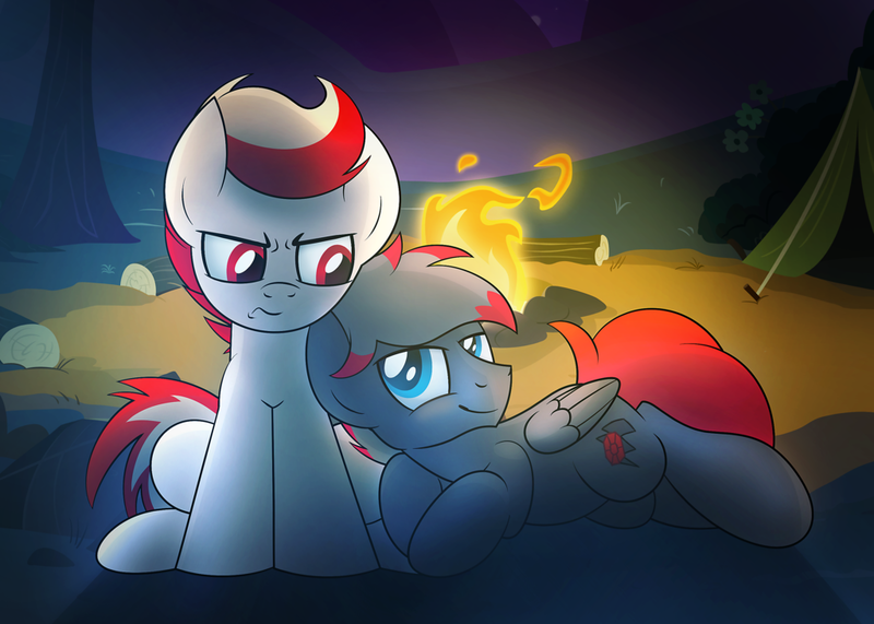 Size: 1024x731 | Tagged: safe, artist:drawponies, derpibooru import, oc, oc:axel, oc:brimstone, unofficial characters only, pegasus, pony, annoyed, campfire, camping, frown, grumpy, night, side, sitting, smirk