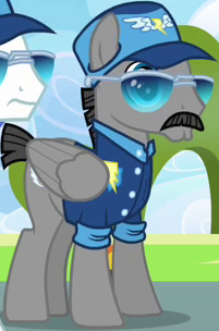 Size: 201x304 | Tagged: safe, derpibooru import, screencap, fast clip, manerick, whiplash, pegasus, pony, wonderbolts academy, baseball cap, buttchin, clothes, cropped, facial hair, hat, male, moustache, shirt, solo focus, stallion, sunglasses, uniform