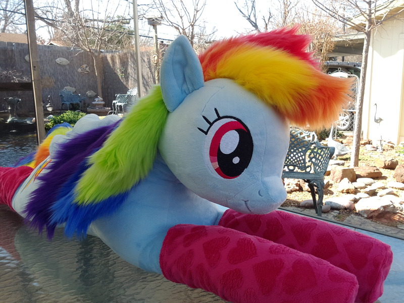 Size: 2560x1920 | Tagged: artist:neysanight, backyard, clothes, derpibooru import, irl, life size, photo, plushie, prone, rainbow dash, safe, socks, solo