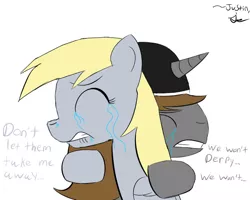 Size: 1000x800 | Tagged: safe, artist:nostalgiagamerjs, derpibooru import, derpy hooves, oc, pegasus, pony, canon x oc, crying, derpygate, eyes closed, female, frown, gritted teeth, hug, lip bite, mare, sad, save derpy, slowpoke