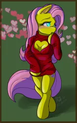 Size: 438x700 | Tagged: anthro, arm hooves, artist:carriepika, blushing, clothes, derpibooru import, fluttershy, keyhole turtleneck, open-chest sweater, safe, solo, sweater, sweatershy, turtleneck