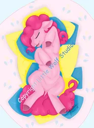 Size: 400x541 | Tagged: safe, artist:littlewolfstudios, derpibooru import, pinkie pie, belly, nap, open mouth, pillow, sleeping, snooze, solo, teeth, tongue out, watermark