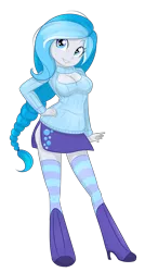 Size: 1915x3571 | Tagged: suggestive, artist:askbubblelee, derpibooru import, oc, oc:bubble lee, unofficial characters only, equestria girls, breasts, cleavage, clothes, equestria girls-ified, female, keyhole turtleneck, open-chest sweater, short skirt, simple background, skirt, smiling, socks, solo, solo female, striped socks, sweater, transparent background, turtleneck