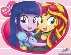 Size: 1086x834 | Tagged: safe, artist:the-butch-x, derpibooru import, sunset shimmer, twilight sparkle, twilight sparkle (alicorn), equestria girls, cute, female, heart, hug, lesbian, looking at you, open mouth, shimmerbetes, shipping, smiling, sunsetsparkle, twiabetes, valentine's day