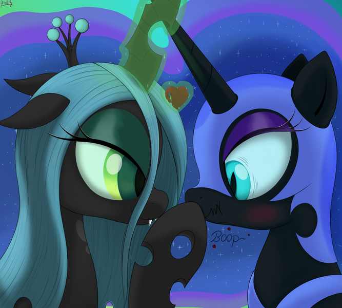 Size: 1980x1782 | Tagged: artist:irregular-entity, blushing, boop, chrysmoon, derpibooru import, female, heart, lesbian, nightmare moon, queen chrysalis, safe, scrunchy face, shipping