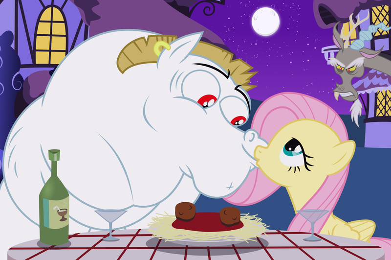 Size: 6030x4000 | Tagged: safe, artist:jeatz-axl, derpibooru import, bulk biceps, discord, fluttershy, champagne, dinner, disney, female, flutterbulk, jealous, kissing, lady and the tramp, male, meatballs, ponies eating meat, shipping, spaghetti, spaghetti scene, straight