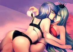Size: 1400x989 | Tagged: suggestive, artist:bakki, derpibooru import, princess luna, queen chrysalis, human, armpits, bra, breasts, chocolate, chocolate sauce, chrysaluna, chrysmoon, clothes, female, humanized, lesbian, licking, light skin, lingerie, looking at you, panties, shipping, smiling, tongue out, underwear