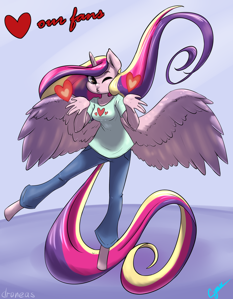 Size: 1890x2427 | Tagged: anthro, artist:cynux, artist:draneas, clothes, derpibooru import, female, heart, princess cadance, safe, simple background, solo, unguligrade anthro, valentine's day