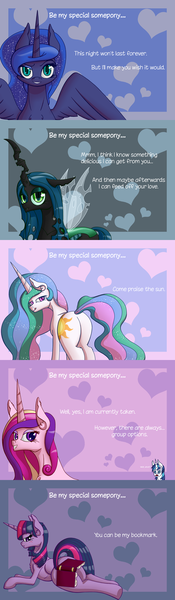 Size: 800x2750 | Tagged: suggestive, artist:deusexequus, derpibooru import, princess cadance, princess celestia, princess luna, queen chrysalis, shining armor, twilight sparkle, twilight sparkle (alicorn), alicorn, pony, unicorn, alicorn tetrarchy, blushing, book, butt, female, hearts and hooves day, innuendo, mare, plot, strategically covered, sunbutt, valentine