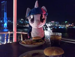 Size: 1248x951 | Tagged: 4chan, artist:mylittlewaifu, burger, derpibooru import, divine, drink, food, french fries, hearts and hooves day, irl, life size, /mlp/, necklace, photo, plushie, public, safe, toy, twilight burgkle, twilight sparkle, valentine's day, waifu, waifu dinner