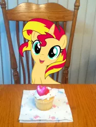 Size: 720x960 | Tagged: safe, artist:light262, derpibooru import, sunset shimmer, pony, unicorn, cupcake, cute, hearts and hooves day, irl, looking at you, meme, no regrets, open mouth, photo, shimmerbetes, smiling, solo, valentine's day, vector, waifu, waifu dinner