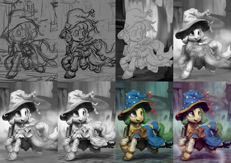 Size: 2296x1620 | Tagged: safe, artist:assasinmonkey, derpibooru import, oc, unofficial characters only, first contact war, hat, progress, sketch, solo, wip, wizard, wizard hat