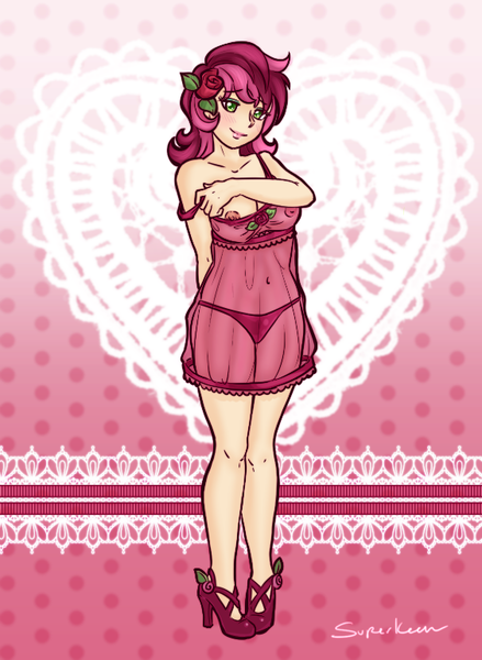 Size: 563x769 | Tagged: artist:superkeen, breastless clothes, clothes, derpibooru import, high heels, human, humanized, light skin, lingerie, negligee, nipples, panties, questionable, roseluck, see-through, solo, underwear