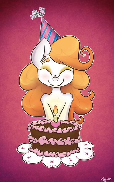 Size: 1189x1900 | Tagged: anthro, artist:erysz, birthday cake, blushing, cake, derpibooru import, freckles, hat, oc, oc:sugar beet, party hat, safe, smiling, solo, unofficial characters only