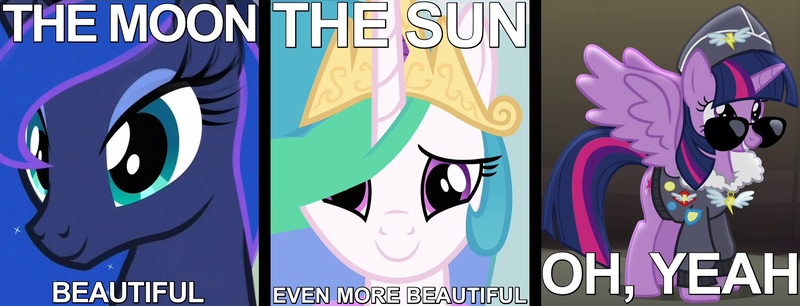 Size: 1700x650 | Tagged: safe, derpibooru import, screencap, commander easy glider, princess celestia, princess luna, twilight sparkle, twilight sparkle (alicorn), alicorn, pony, keep calm and flutter on, sleepless in ponyville, testing testing 1-2-3, ancient wonderbolts uniform, caption, clothes, cropped, female, happy, image macro, looking at you, mare, meme, oh yeah, smiling, song, song reference, spread wings, sunglasses, uniform, wonderbolts uniform, yello