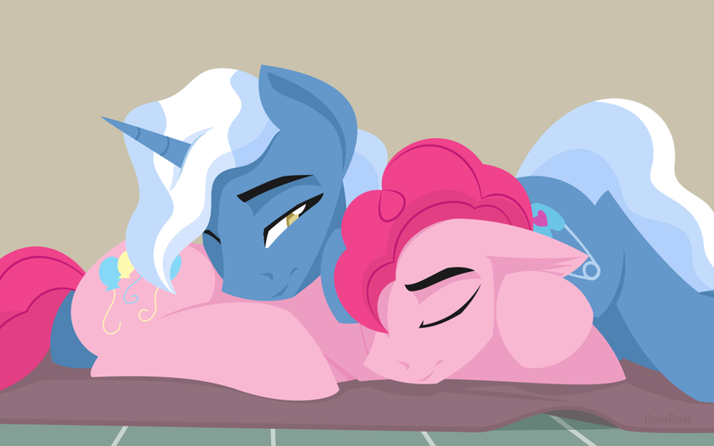 Size: 1280x800 | Tagged: safe, artist:hoverrover, derpibooru import, pinkie pie, pokey pierce, earth pony, pony, unicorn, bubble berry, cuddling, cutie mark, eyes closed, floppy ears, gay, half r63 shipping, hooves, horn, lineless, lying down, male, pokeyberry, pokeypie, rule 63, shipping, sleeping, snuggling, stallion