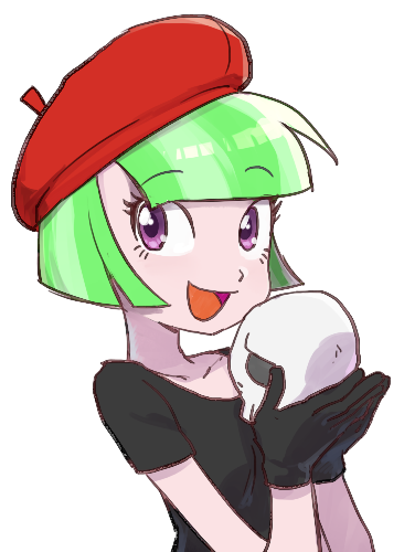 Size: 366x500 | Tagged: safe, artist:baekgup, derpibooru import, drama letter, watermelody, equestria girls, background human, beret, clothes, cute, dramabetes, gloves, hat, open mouth, skull, smiling, solo