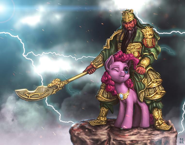 Size: 3000x2355 | Tagged: artist:mrs1989, awesome, crossover, derpibooru import, dynasty warriors, element of laughter, guan yu, human, humans riding ponies, lightning, pinkie pie, red hare, safe, smite