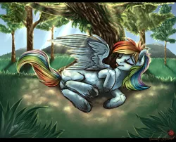Size: 2600x2100 | Tagged: safe, artist:ell-bro, derpibooru import, rainbow dash, ladybug, :p, blank flank, crepuscular rays, cute, dappled sunlight, dock, eyes closed, fluffy, grass, high res, horses doing horse things, rolling, side, smiling, solo, spread wings, tongue out, tree, underhoof, unshorn fetlocks