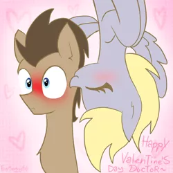 Size: 1000x1000 | Tagged: safe, artist:frostsentry150, derpibooru import, derpy hooves, doctor whooves, time turner, pegasus, pony, blushing, doctorderpy, female, heart, kiss on the cheek, kissing, male, mare, shipping, straight, upside down, valentine's day