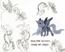 Size: 1560x1256 | Tagged: safe, artist:wahyawolf, derpibooru import, discord, fluttershy, princess luna, rainbow dash, twilight sparkle, twilight sparkle (alicorn), alicorn, pony, female, grayscale, mare, monochrome, sketch dump, traditional art