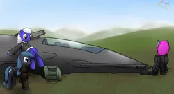 Size: 1280x698 | Tagged: safe, artist:the-furry-railfan, derpibooru import, oc, oc:crash dive, oc:night strike, oc:static charge, unofficial characters only, earth pony, pegasus, pony, fallout equestria, fallout equestria: empty quiver, aircraft, autocannon, bomber, cannon, clothes, cockpit, enclave armor, field, grand pegasus enclave, power armor, sitting, story, turret, wreck, xb/a-1 valkyrie