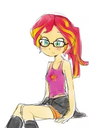 Size: 350x500 | Tagged: safe, artist:baekgup, derpibooru import, sunset shimmer, equestria girls, adorkable, belly button, blushing, clothes, cute, dork, female, glasses, midriff, shimmerbetes, simple background, sleeveless, solo, tanktop, white background