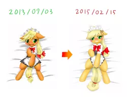 Size: 1300x1000 | Tagged: applejack, apron, artist:hashioaryut, blushing, bow, clothes, comparison, dress, embarrassed, maid, maidjack, pixiv, solo, suggestive