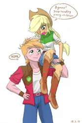 Size: 580x870 | Tagged: safe, artist:ta-na, derpibooru import, applejack, big macintosh, human, equestria girls, blushing, brother and sister, clothes, dialogue, duo, embarrassed, engrish, female, image, male, png, shoulder carry, siblings, simple background, skirt, white background