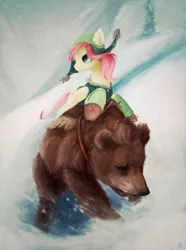 Size: 758x1017 | Tagged: artist:honeyapplecake, bear, clothes, duo, flutterbadass, fluttershy, harry, hat, looking away, ponies riding bears, safe, snow