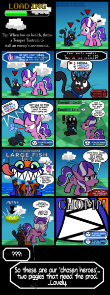 Size: 1500x4022 | Tagged: safe, artist:magerblutooth, derpibooru import, diamond tiara, oc, oc:dazzle, cat, fish, pony, comic:diamond and dazzle, adventure, comic, cute, dialogue, drool, loading screen, pixel art, quick time event, rpg, sharp teeth, the sims, tongue out, video game