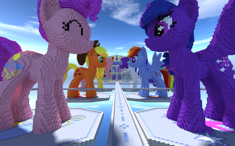 Size: 1920x1200 | Tagged: safe, derpibooru import, screencap, applejack, fluttershy, pinkie pie, rainbow dash, rarity, twilight sparkle, twilight sparkle (alicorn), alicorn, pony, brohoof.com, cloud, cloudy, cutie mark, female, mare, minecraft, render, statue