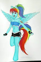 Size: 874x1306 | Tagged: anthro, artist:shyredd, bandeau, belly button, cleavage, clothes, derpibooru import, female, human facial structure, midriff, playful, ponytail, rainbow dash, safe, sports bra, sports shorts, unguligrade anthro