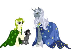 Size: 3485x2460 | Tagged: ancient, artist:westphalianartist, beard, clothes, clover, clover the clever, colt, derpibooru import, foal, hatless, headcanon, king sombra, missing accessory, mother and son, older, robe, robes, safe, simple background, son, star swirl the bearded, teacher, transparent background, younger