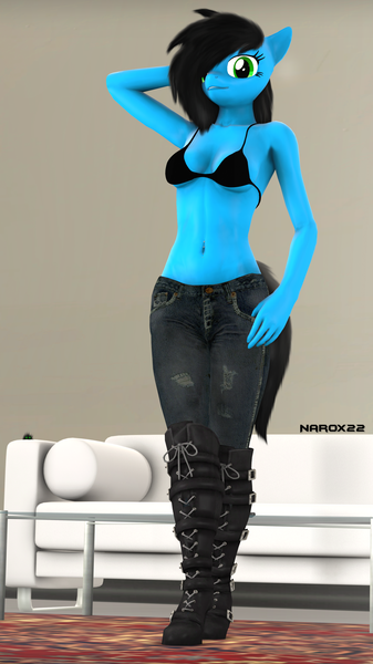 Size: 1687x3000 | Tagged: 3d, anthro, anthro oc, armpits, artist:narox22, belly button, boots, clothes, derpibooru import, female, jeans, oc, oc:roxana, pants, ripped jeans, solo, solo female, suggestive, unofficial characters only