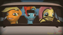 Size: 800x450 | Tagged: safe, artist:epiclper, derpibooru import, applejack, fluttershy, rainbow dash, pony, 3d, animated, car, driving, female, freckles, mare, night at the roxbury, open mouth, smiling, source filmmaker, what is love