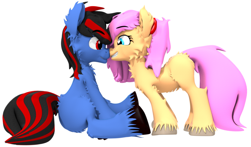 Size: 1965x1150 | Tagged: safe, artist:sherfur, derpibooru import, oc, oc:bloom flower, oc:ratchet wrench, unofficial characters only, earth pony, pony, 3d, boop, couple, female, male, mare, oc x oc, simple background, stallion, transparent background, unshorn fetlocks