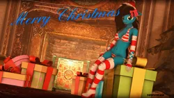 Size: 3000x1687 | Tagged: suggestive, artist:narox22, derpibooru import, oc, oc:roxana, unofficial characters only, anthro, 3d, anthro oc, belly button, boots, bra, breasts, christmas, clothes, female, gloves, hair bow, hat, looking at you, panties, present, santa hat, solo, solo female, underwear