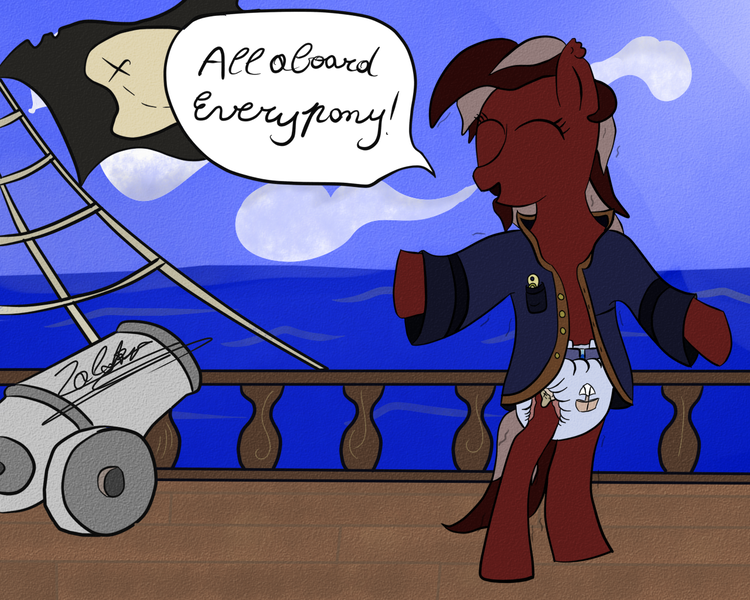 Size: 1280x1024 | Tagged: questionable, artist:zalakir, derpibooru import, oc, oc:red treasure, unofficial characters only, pony, bipedal, boat, cannon, diaper, diaper fetish, female, flag, pacifier, ship, solo, solo female, speech bubble