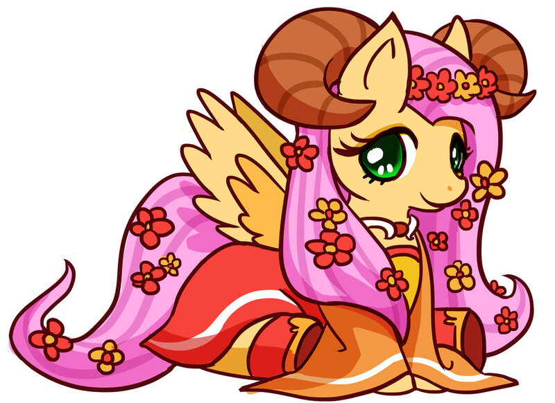 Size: 900x655 | Tagged: artist:kongyi, clothes, costume, cute, derpibooru import, flower, flower in hair, fluttershy, horns, looking at you, prone, safe, smiling, solo, spread wings, year of the sheep