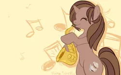 Size: 1600x1000 | Tagged: safe, artist:clovercoin, derpibooru import, oc, oc:mocha delight, unofficial characters only, pony, cloverly ponies, bipedal, eyes closed, music notes, musical instrument, saxophone, solo, wallpaper