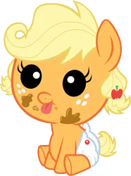 Size: 3000x4035 | Tagged: safe, artist:pilot231, derpibooru import, applejack, :p, :t, babyjack, cute, diaper, dirty, foal, simple background, sitting, smiling, solo, tongue out, transparent background, vector