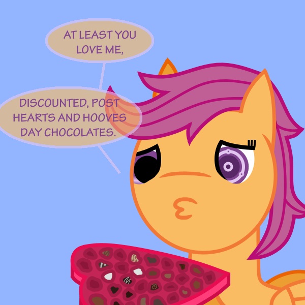 Size: 600x600 | Tagged: artist:scootaloo009, chocolates, derpibooru import, forever alone, meme, post valentinesday, safe, scootaloo