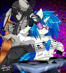 Size: 1800x2000 | Tagged: anthro, artist:zanclife, breasts, busty octavia, busty vinyl scratch, cello, clothes, derpibooru import, female, fingerless gloves, glasses, gloves, headphones, musical instrument, music notes, octavia melody, pony ears, safe, sideboob, turntable, vinyl scratch, violin