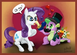 Size: 1080x768 | Tagged: safe, artist:billieh01, derpibooru import, rarity, spike, :o, boop, boop box, bouquet, female, flower, hat, heart, kneeling, like a sir, male, marriage proposal, moustache, nose wrinkle, open mouth, pimpin' ain't easy, shipping, smiling, sparity, straight, top hat